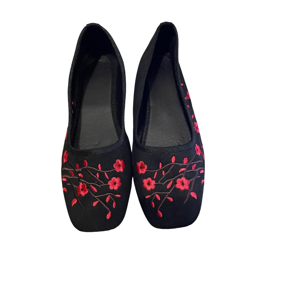 Black Floral Embroidered Square Toe Ballet Flats Red Cherry Blossom Shoes 40